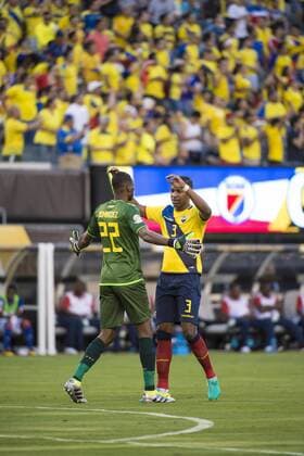 East Rutherford, New Jersey, U.S - Ecuador defender FRICKSON ERAZO (3) & Ecuador goalkeeper ALEXANDER DOMINGUEZ (22) celebrate a goal during the Copa America Centenario USA 2016 soccer tournament at MetLife Stadium in East Rutherford, NJ Soccer 2016 - Copa America Centenario Ecuador vs. Haiti 4-0 - ZUMAs192