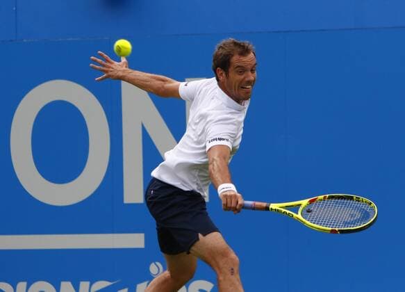 13.06.2016. Queens Club, London, England. Aegon Queens Tennis Championships Day One. Richard Gasquet (FRA) hits a backhand during his singles match against Steve Johnson (USA). xAlanxMartinx  ActionPlus11748810