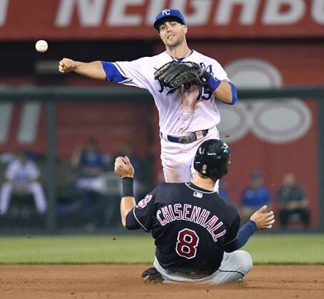 June 13, 2016 - Kansas City, MO, USA - Kansas City Royals left fielder Whit Merrifield forces out Cleveland Indians Lonnie Chisenhall at second and completes the double play on Yan Gomes to end the top of the sixth inning on Monday, June 13, 2016, at Kauffman Stadium in Kansas City, Mo. Cleveland Indians at Kansas City Royals - ZUMAm67_