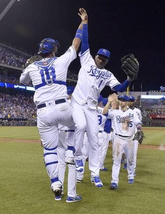 June 13, 2016 - Kansas City, MO, USA - Kansas City Royals catcher Salvador Perez and left fielder Jarrod Dyson celebrate the team s 2-1 win over the Cleveland Indians on Monday, June 13, 2016, at Kauffman Stadium in Kansas City, Mo. Cleveland Indians at Kansas City Royals - ZUMAm67_