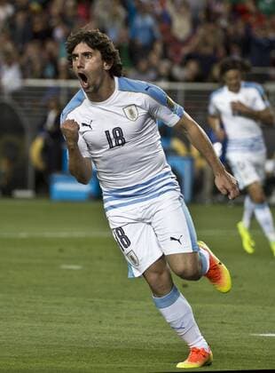 Uruguay s Mathias Corujo (18) celebrates a goal against Jamaica in the second half at COPA America Centenario at Levi s Stadium in Santa Clara, California on June 13, 2016. Uruguay won 3-0.  SXP2016061313 TERRYxSCHMITT