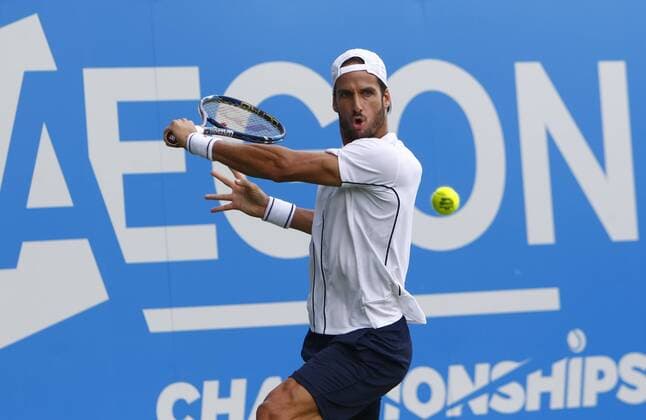 14.06.2016. Queens Club, London, England. Aegon Queens Tennis Championships Day Two. Feliciano Lopez hits a backhand during his 1st round match against Marin Cilic (CRO). xAlanxMartinx  ActionPlus11749042