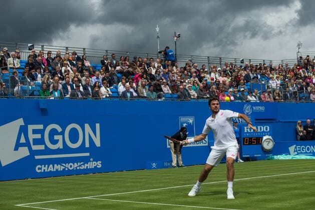 (160614) -- LONDON, June 14, 2016 -- Cloud gets thick during the singles first round match between Stan Wawrinka of Switzerland and Fernando Verdasco of Spain during day two of the ATP Tennis Herren 500 Aegon Championships at the Queen s Club in London, Britain on June 14, 2016. ) (SP)BRITAIN-LONDON-TENNIS-AEGON CHAMPIONSHIPS-WAWRINKA VS VERDASCO JonxBuckle 