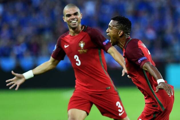Nani celebrates scoring with Pepe Saint-Etienne 14-06-2016 Stadium Geoffroy-Guichard Football Euro2016 Portugal-Iceland Group Stage Group F massimoxinsabato