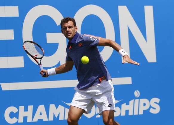 15.06.2016. Queens Club, London, England. Aegon Queens Tennis Championships Day Three. Paul-Henri Mathieu (FRA) hits a forehand in his 1st round match against Daniel Evans (GBR). xAlanxMartinx  ActionPlus11749425