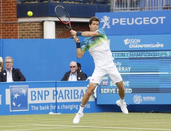16.06.2016. Queens Club, London, England. Aegon Queens Tennis Championships Day Four. Aljaz Bedene (GBR) hits a backhand in his 2nd round match against fellow Brit, number 1 seed, Andy Murray. xAlanxMartinx  ActionPlus11749941