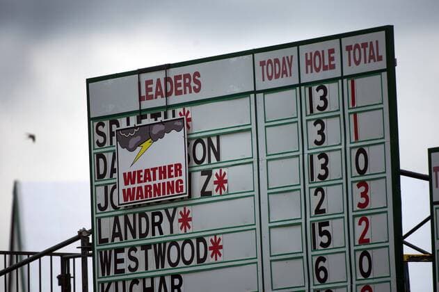 Golf, US Open A weather warning sign is seen placed on a scoreboard during a rain delay in the first round of the 2016 U.S. Open at Oakmont Country Club in Oakmont, Pennsylvania on June 15, 2016.  OAK20160616305 KEVINxDIETSCH