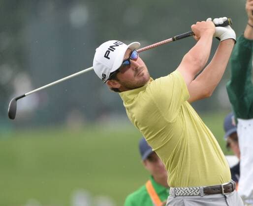 Andrew Landry, of Austin, Texas, hits his tee shot on the 8th hole during first round of the U.S. Open golf championship at Oakmont Country Club near Pittsburgh, Pennsylvania on Thursday, June 16, 2016. Landry is the leader at three under par after play was suspended for the day due to rain during the first round. He has a birdie putt left on his final hole.  OAK20160616118 PATxBENIC