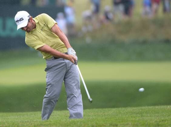 Andrew Landry, of Austin, Texas, hits out of the rough on the seventh hole during first round of the U.S. Open golf championship at Oakmont Country Club near Pittsburgh, Pennsylvania on Thursday, June 16, 2016. Landry is the leader at three under par after play was suspended for the day due to rain during the first round. He has a birdie putt left on his final hole.  OAK20160616119 PATxBENIC