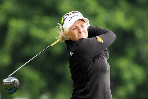 June 16, 2016 - Belmont, Michigan, Untied States - Azahara Munoz of Malaga, Spain lines up her putt on the Holly Clyburne of England follows her shot at the fifth tee during the first round of the Meijer LPGA Golf Damen Classic golf tournament at Blythefield Country Club in Belmont, MI, USA Thursday, June 16, 2016. Meijer LPGA Classic  - ZUMAn230