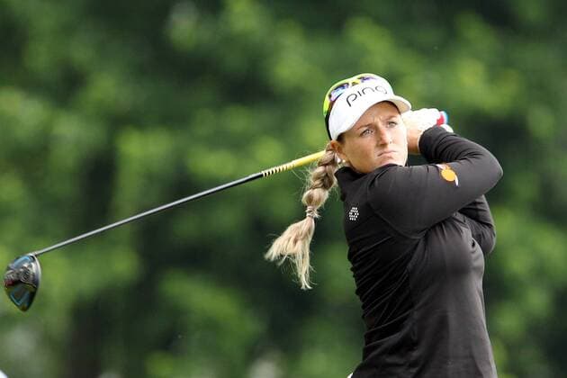 June 16, 2016 - Belmont, Michigan, Untied States - Azahara Munoz of Malaga, Spain lines up her putt on the Holly Clyburne of England follows her shot at the fifth tee during the first round of the Meijer LPGA Golf Damen Classic golf tournament at Blythefield Country Club in Belmont, MI, USA Thursday, June 16, 2016. Meijer LPGA Classic  - ZUMAn230