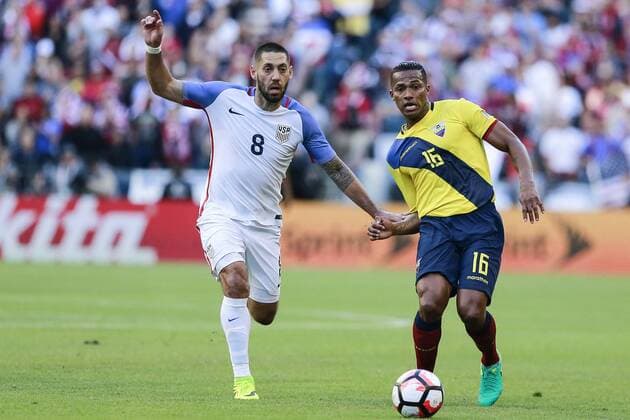 Thursday, June 16, 2016: United States s Clint Dempsey, left, challenges Ecuador s Antonio Valencia during the quarterfinals of Copa America Centenario 2016 soccer match between United States and Ecuador held at CenturyLink Field in Seattle, Washington. Soccer 2016: Copa America Centenario United States vs Ecuador JUN 16 - ZUMAc04_