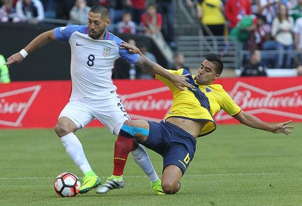 USA s Clint Dempsey (8) pushes off on Ecuador s Christian Ramirez (5) in a 2016 Copa America Centenario soccer quarterfinals at CenturyLink Field in Seattle, Washington on June 16, 2016. Dempsey scored a goal in the USA 2-1 win over Ecuador to advance to the semi-finals.  SEA2016061608 JIMxBRYANT