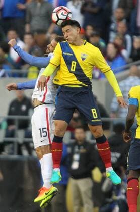 USA s Kyle Beckerman (15) and Ecuador s Fernando Gaibor (8)) fight for a header in a 2016 Copa America Centenario soccer quarterfinals at CenturyLink Field in Seattle, Washington on June 16, 2016. USA beats Ecuador 2-1 to advance to the semi-finals.  SEA2016061618 JIMxBRYANT