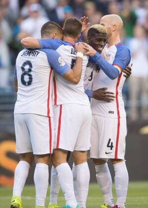 (160617) -- SEATTLE, June 17, 2016 -- Gyasi Zardes (2nd R) of the United States celebrates scoring with his teammates Clint Dempsey (1st L), Matt Besler (2nd L) and Michael Bradley during the quarterfinal between the United States and Ecuador at the 2016 Copa America soccer tournament at the Century Link Field in Seattle, the United States, June 16, 2016. The United States won 2-1. Yang Lei) (wll) (SP)US-SEATTLE-SOCCER-COPA AMERICA-QUARTERFINAL-USA VS ECU YangxLeixC 