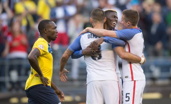(160617) -- SEATTLE, June 17, 2016 -- Gyasi Zardes (2nd R) of the United States celebrates scoring with his teammates Clint Dempsey (2nd L) and Matt Besler during the quarterfinal between the United States and Ecuador at 2016 Copa America soccer tournament at the Century Link Field in Seattle, the United States, June 16, 2016. The United States won 2-1. Yang Lei) (wll) (SP)US-SEATTLE-SOCCER-COPA AMERICA-QUARTERFINAL-USA VS ECU YangxLeixC 