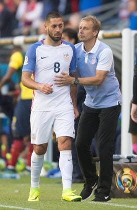 (160617) -- SEATTLE, June 16, 2016 -- Jurgen Klinsmann (R), head coach of the United States greets Clint Dempsey, who is substituted during the quarterfinal between the United States and Ecuador of 2016 Copa America soccer tournament at Century Link Field in Seattle, the United States on June 16, 2016. The United States won 2-1. Yang Lei)(wll) (SP)US-SEATTLE-SOCCER-COPA AMERICA-QUARTERFINAL-USA VS ECU YangxLeixC 