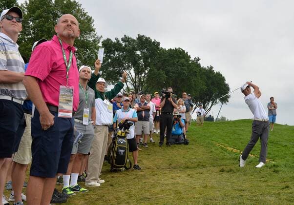 Danny Lee of New Zealand hits from the rough on the 18th hole during the 2016 U.S. Open at Oakmont Country Club in Oakmont, Pennsylvania on June 17, 2016.  OAK20160617314 KEVINxDIETSCH