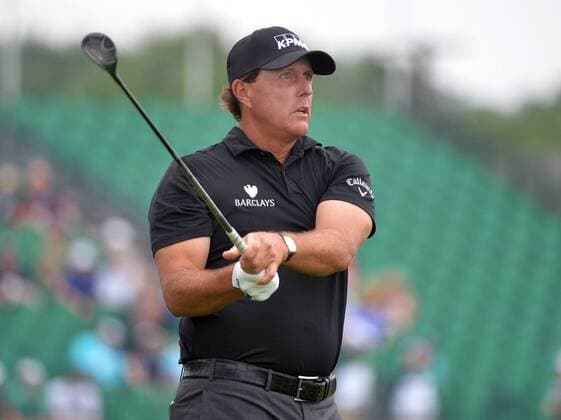 Phil Mickelson watches his drive off of the 10th tee box at the 2016 U.S. Open at Oakmont Country Club in Oakmont, Pennsylvania on June 17, 2016.  OAK20160617303 KEVINxDIETSCH