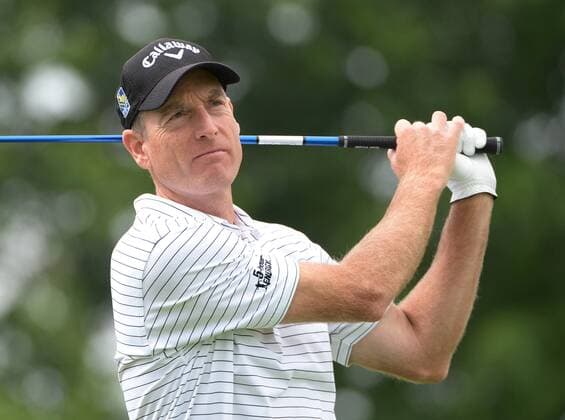 Jim Furyk hits a drive on the third hold of his first round during the Friday round of the U.S. Open golf championship at Oakmont Country Club near Pittsburgh, Pennsylvania on June 17, 2016. Furyk was just starting his first round due to the rain delays yesterday and will play his second 18 later today.  OAK20160617118 PATxBENIC