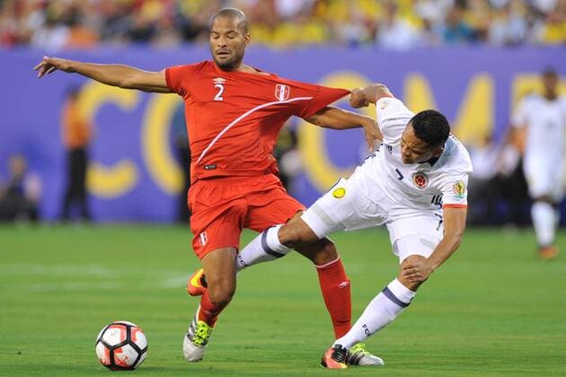 June 17, 2016 - East Rutherford, New Jersey, U.S - Peru defender ALBERTO RODRÃGUEZ (2) and Colombia forward CARLOS BACCA (7) in action during the quarter final match of the Copa America Centenario USA 2016 at MetLife Stadium in East Rutherford New Jersey Colombia defeats Peru 5 to 3 on penalty kicks Soccer 2016 - Colombia defeats Peru - ZUMAa301