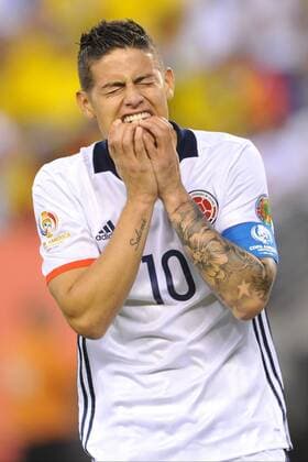 June 17, 2016 - East Rutherford, New Jersey, U.S - Colombia midfielder JAMES RODRÃGUEZ (10) reacts to a missed shot during the quarter final match of the Copa America Centenario USA 2016 at MetLife Stadium in East Rutherford New Jersey Colombia defeats Peru 5 to 3 on penalty kicks Soccer 2016 - Colombia defeats Peru - ZUMAa301