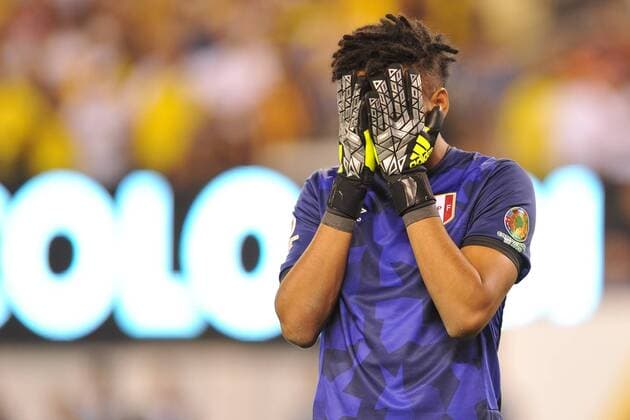 June 17, 2016 - East Rutherford, New Jersey, U.S - Peru goalkeeper PEDRO GALLESE (1) reacts to conceding the game winning goal during the quarter final match of the Copa America Centenario USA 2016 at MetLife Stadium in East Rutherford New Jersey Colombia defeats Peru 5 to 3 on penalty kicks Soccer 2016 - Colombia defeats Peru - ZUMAa301