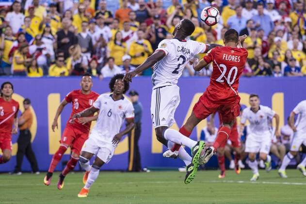 June 17, 2016 - East Rutherford, New Jersey, U.S - Colombia defender CRISTIAN ZAPATA (2) and p20 vie for a header during the Copa America Centenario USA 2016 soccer tournament at MetLife Stadium in East Rutherford, NJ Soccer 2016 - Copa America Centenario Colombia vs. Peru 0-0 (4-2) - ZUMAs192