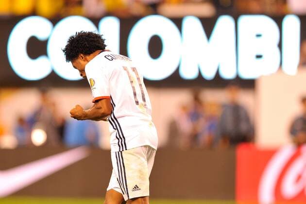 June 17, 2016 - East Rutherford, New Jersey, U.S - Colombia midfielder JUAN GUILLERMO CUADRADO (11) celebrates his goal during the quarter final match of the Copa America Centenario USA 2016 at MetLife Stadium in East Rutherford New Jersey Colombia defeats Peru x to x Soccer 2016 - Colombia defeats Peru - ZUMAa301