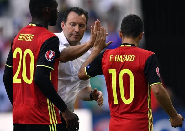 Belgium s Christian Benteke, Belgium s head coach Marc Wilmots and Belgium s Eden Hazard celebrate after winning 3-0 a soccer game between Belgian national soccer team Red Devils and Ireland, in group E of the group stage of the UEFA EURO EM Europameisterschaft Fussball 2016 European Championships, Saturday 18 June 2016 in Bordeaux, France. DIRKxWAEM  x04873219x