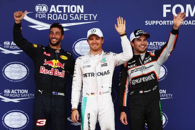 European Grand Prix, Baku 16 - 19 June 2016 Qualifying top three in parc ferme (L to R): Daniel Ricciardo (AUS) Red Bull Racing RB12, third; Lewis Hamilton (GBR) Mercedes AMG F1, pole position; Sergio Perez (MEX) Sahara Force India F1, second. 