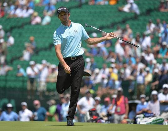 Gregory Bourdy of France reacts after missing a putt for birdie on the 17th green during his second round at the U.S. Open at Oakmont Country Club near Pittsburgh, Pennsylvania on June 18, 2016.  OAK20160618202 KEVINxDIETSCH
