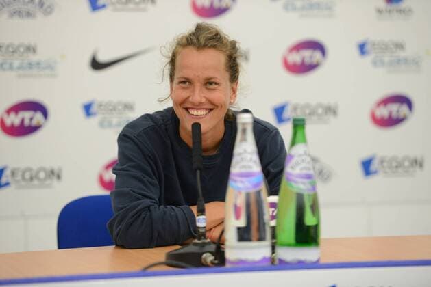 June 18, 2016 - Birmingham, Warwickshire, England - BARBORA STRYCOVA speaks with the media at the Aegon Classic Birmingham tennis tournament. Tennis 2016 - Aegon Classic Birmingham - Day 6 - ZUMAl132