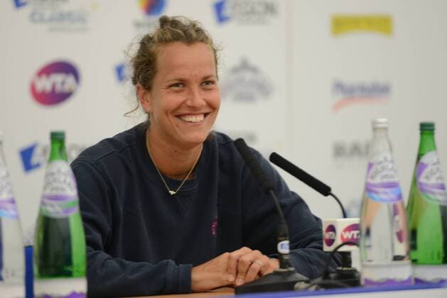 June 18, 2016 - Birmingham, Warwickshire, England - BARBORA STRYCOVA speaks with the media at the Aegon Classic Birmingham tennis tournament. Tennis 2016 - Aegon Classic Birmingham - Day 6 - ZUMAl132