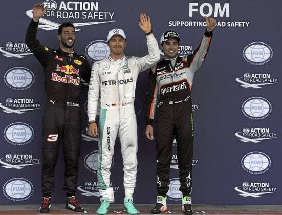 Grand Prix of Europe qualifying round at Baku circuit. In this picture, Daniel Ricciardo, Nico Rosberg and Sergio Perez. xRUBIOx  RV RACING PRESS