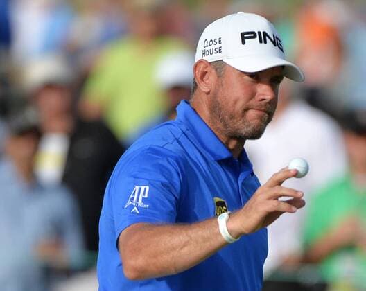 Lee Westwood of England reacts after making a putt for par on the 8th hole in the 3rd round of the U.S. Open at Oakmont Country Club near Pittsburgh, Pennsylvania on June 18, 2016.  OAK20160618913 KEVINxDIETSCH