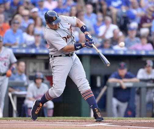 June 18, 2016 - Kansas City, MO, USA - The Detroit Tigers Miguel Cabrera connects on a sacrifice fly to score Ian Kinsler from third in the first inning against the Kansas City Royals at Kauffman Stadium in Kansas City, Mo., on Saturday, June 18, 2016. Detroit at Kansas City - ZUMAm67_