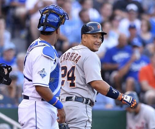 June 18, 2016 - Kansas City, MO, USA - The Detroit Tigers Miguel Cabrera smiles back at Kansas City Royals catcher Salvador Perez after hitting a sacrifice fly to score Ian Kinsler in the first inning at Kauffman Stadium in Kansas City, Mo., on Saturday, June 18, 2016. Detroit at Kansas City - ZUMAm67_