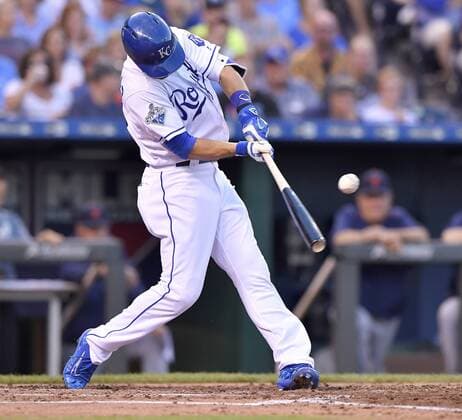June 18, 2016 - Kansas City, MO, USA - The Kansas City Royals Whit Merrifield connects on an RBI single in the fourth inning against the Detroit Tigers at Kauffman Stadium in Kansas City, Mo., on Saturday, June 18, 2016. Detroit at Kansas City - ZUMAm67_