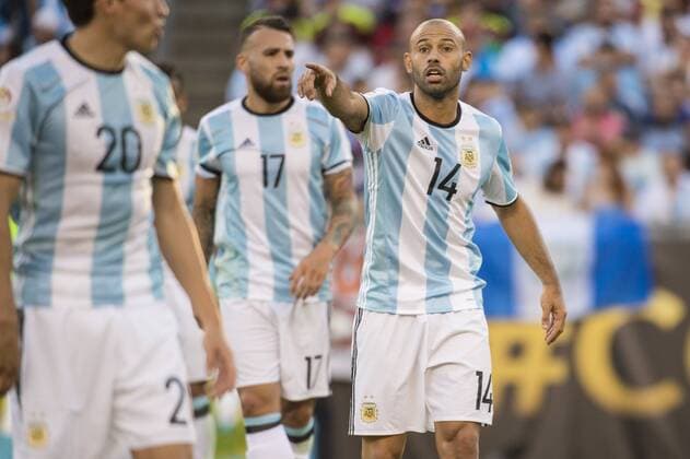 June 18, 2016 - Foxborough, Massachusetts, U.S - Argentina midfielder JAVIER MASCHERANO (14) commands the defense against Venezuela during the Copa America Centenario soccer tournament at Gillette Stadium in Foxborough, MA. Soccer 2016 - Copa America Centenario Argentina vs. Venezuela 4-1 - ZUMAs192