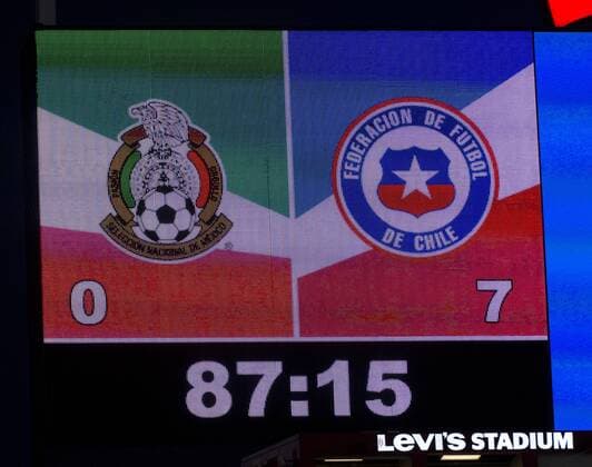 The scoreboard shows Chile ahead of Mexico 7-0 in the 87th minute at COPA America Centenario quarter-finals at Levi s Stadium in Santa Clara, California on June 18, 2016.  SXP2016061818 TERRYxSCHMITT