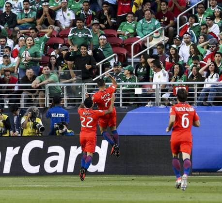 June 18, 2016 - Los Angeles, California, U.S - Chile forward Alexis Sanchez Alexis Sanchez 7 celebrates his goal with teammates in the Copa America soccer match between Mexico and Chile at the LeviÃ s Stadium in Santa Clara, California, June 18, 2016. Chile won 7-0. Copa America 2016 Quarterfinal Chile defeats Mexico 7-0 - ZUMAc68_