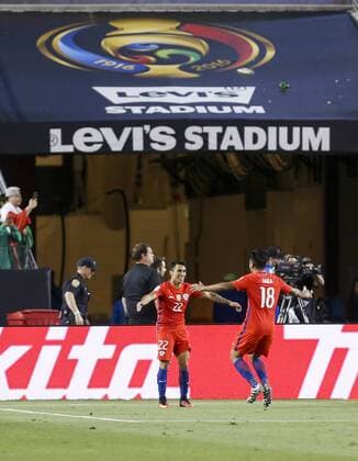 June 18, 2016 - Los Angeles, California, U.S - Chile forward Edson Puch 22 celebrates his goal with his teammate Chile defender Gonzalo Jara 18 in the Copa America soccer match between Mexico and Chile at the LeviÃ s Stadium in Santa Clara, California, June 18, 2016. Chile won 7-0. Copa America 2016 Quarterfinal Chile defeats Mexico 7-0 - ZUMAc68_