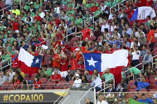 June 18, 2016 - Los Angeles, California, U.S - Chile s fans celebrate after a gaol in the Copa America soccer match between Mexico and Chile at the LeviÃ s Stadium in Santa Clara, California, June 18, 2016. Chile won 7-0. Copa America 2016 Quarterfinal Chile defeats Mexico 7-0 - ZUMAc68_