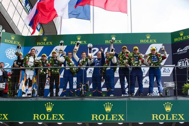 19.06.2016. Le Mans Circuit, Le Mans, France. Le Mans 24 Hours Race. LMP2 podium, Signatech Alpine drivers Gustavo Menezes, Nicolas Lapierre and Stephane Richelmi from G-Drive Racing team of Roman Rusinov, Will Stevens and Rene Rast, with SMP Racing Vitaly Petrov, Viktor Shaitar and Kirill Ladygin third. xTimxWilliamsx  ActionPlus11751892