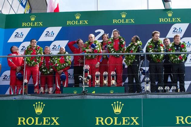 19.06.2016. Le Mans Circuit, Le Mans, France. Le Mans 24 Hours Race. LMGTE Am podium, Scuderia Corsa drivers Bill Sweedler, Townsend Bell and Jeff Segal. from AF Corse Francois Perrodo, Emmanuel Collard and Rui Aguas and Abu Dhabi-Proton Racing drivers Khaled Al Qubaisi, Patrick Long and David Heinemeier Hansson third. xTimxWilliamsx  ActionPlus11751896