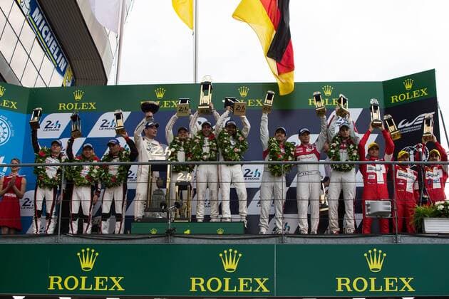 19.06.2016. Le Mans Circuit, Le Mans, France. Le Mans 24 Hours Race. LMP1 podium Porsche Team Romain Dumas, Marc Lieb and Neel Jani win from Toyota Gazoo Racing Mike Conway, Stephane Sarrazin and Kamui Kobayashi and Audi Team Joest Oliver Jarvis, Lucas di Grassi and Loic Duval third. xTimxWilliamsx  ActionPlus11751887