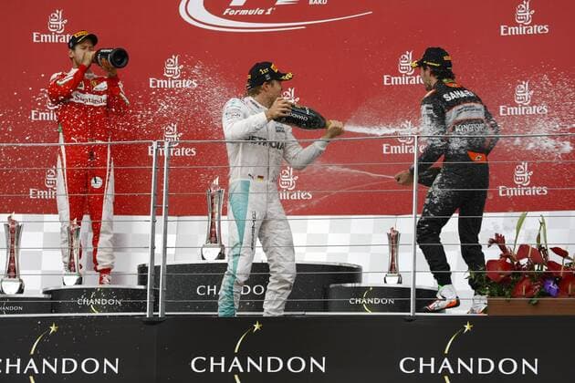 Formel 1, Rosberg gewinnt GP Baku European Grand Prix, Baku 16 - 19 June 2016 19.06.2016 - Race, 1st position Nico Rosberg (GER) Mercedes AMG F1 W07 Hybrid, 2nd position Sebastian Vettel (GER) Scuderia Ferrari SF16-H and 3rd position Sergio Perez (MEX) Sahara Force India F1 VJM09 