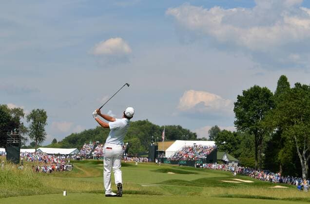 Andrew Landry tees off on the 2nd hole in the final round at the U.S. Open at Oakmont Country Club near Pittsburgh, Pennsylvania on June 19, 2016.  OAK20160619813 KEVINxDIETSCH