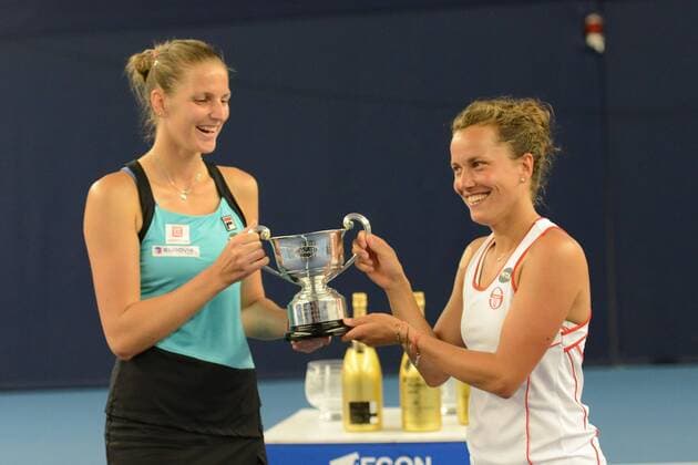 June 19, 2016 - Birmingham, Warwickshire, England - KAROLINA PLISKOVA and BARBORA STRYCOVA of the Czech Republic after winning the doubles final of the Aegon Classic Birmingham tennis tournament. Tennis 2016 - Aegon Classic Birmingham - Day 7 - ZUMAl132